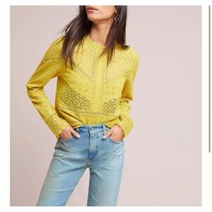 James Coviello Yellow Eyelet‎ Lace Long Sleeve Blouse XS Romantic Designer Top
